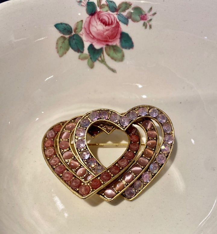 Vintage Heart Pin Pink Rhinestones Gold Plated Metal Setting