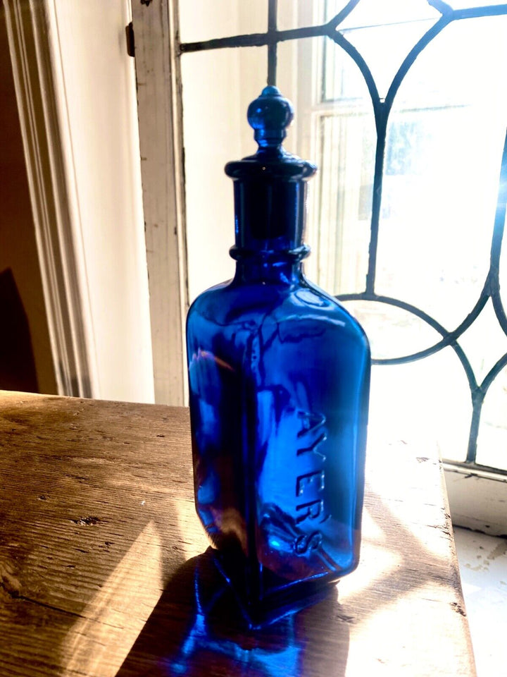 Antique Ayer's Hair Vigor Cobalt Blue Glass Bottle Medicinal Hair Tonic stopper