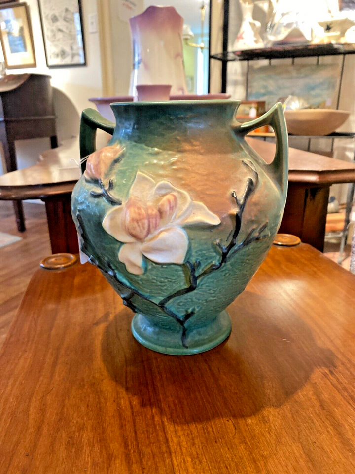 Vintage Roseville Vase, Urn, 92-8 Blue Magnolia Double Handled