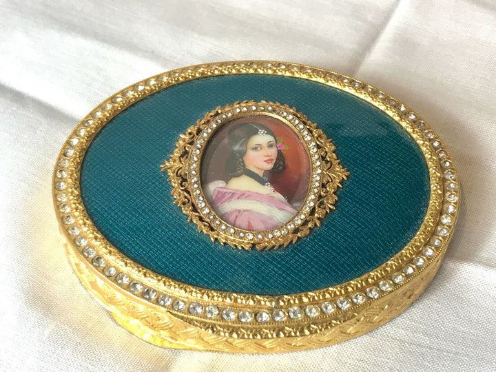 VINTAGE LUXURY OVAL GOLD JEWELED PORTRAIT COMPACT MIRROR