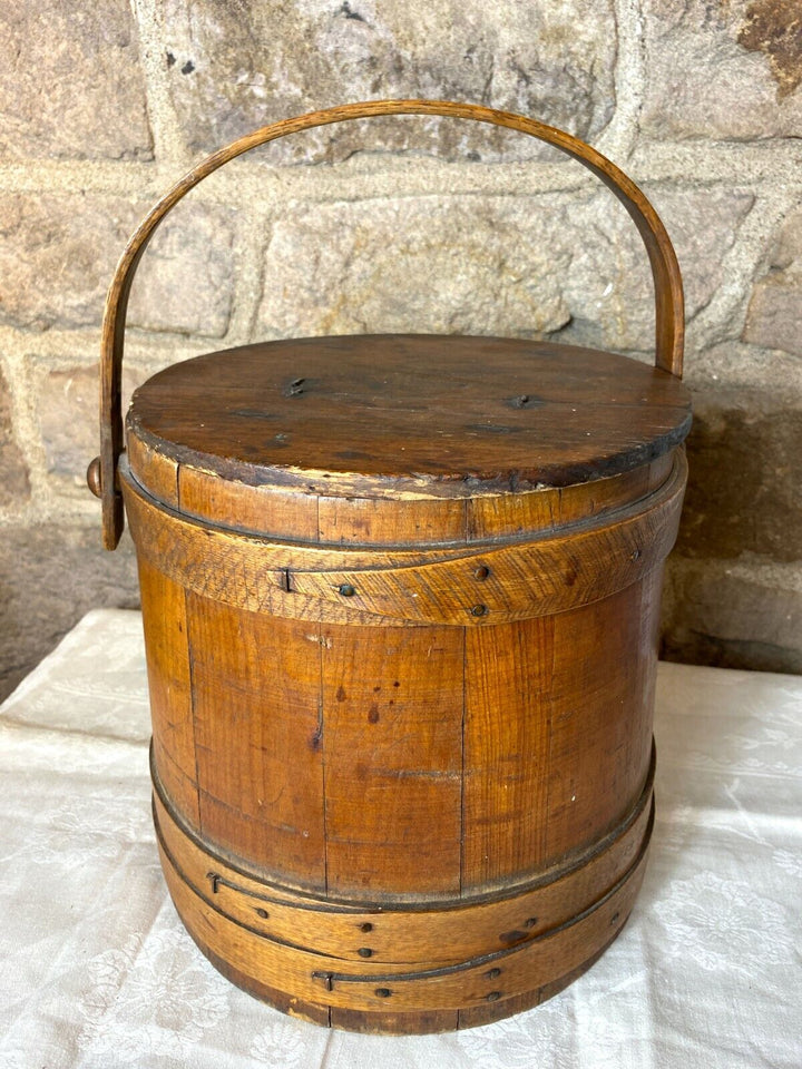 ANTIQUE PRIMITIVE THREE BANDED FIRKIN WITH LID